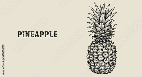 Detailed Pineapple Illustration with Intricate Leaf Crown and Textured Skin