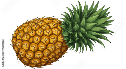 Detailed Pineapple with Spiky Crown and Textured Peel Illustration