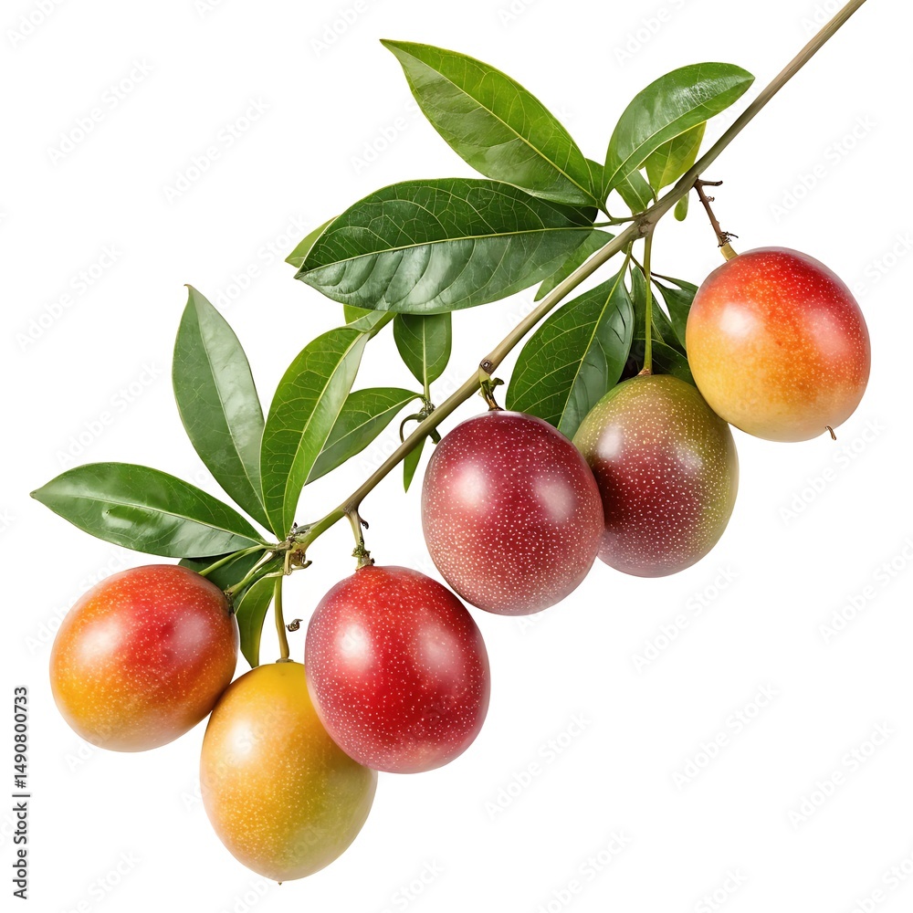Obraz premium A sprig of colorful passion fruit on the vine against white background