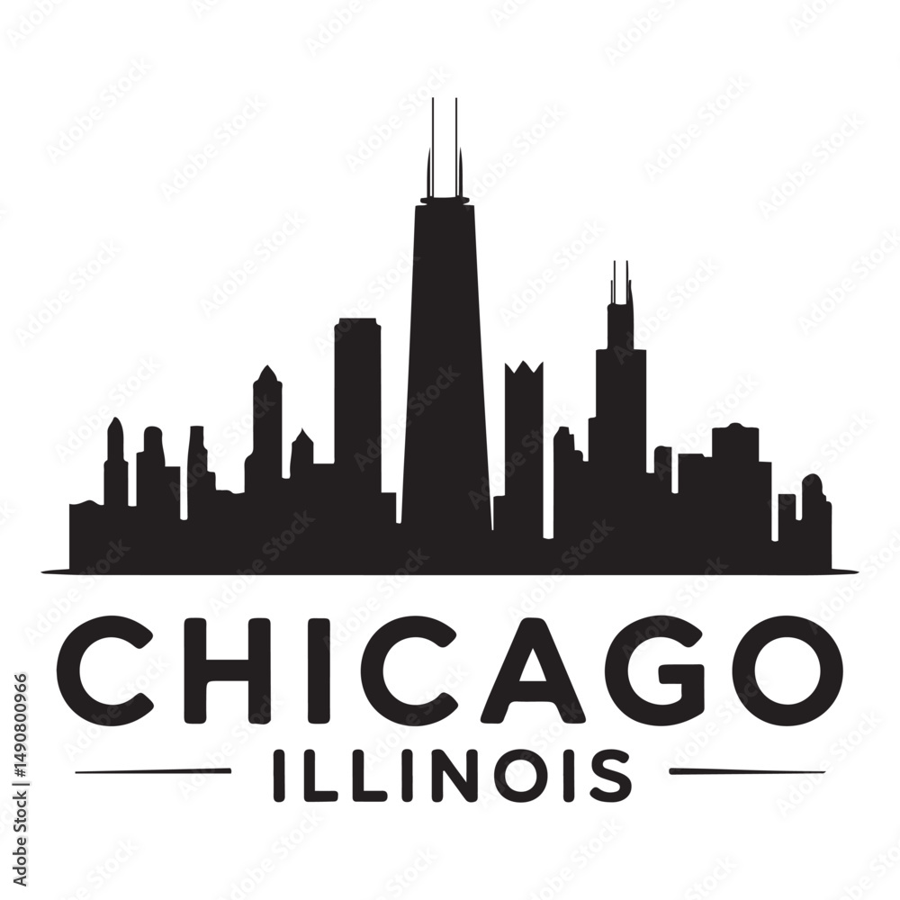 Naklejka premium Chicago Illinois skyline silhouette. Black Cleveland city design Vector black silhouette. with white background