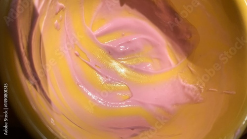 Swirled pastel yogurt in abstract dance, luscious indulgence for Holi Festivity, embracing whimsical flavors and artistic zenith