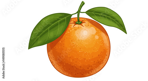 Cartoon orange with two leaves and a stem vibrant and detailed