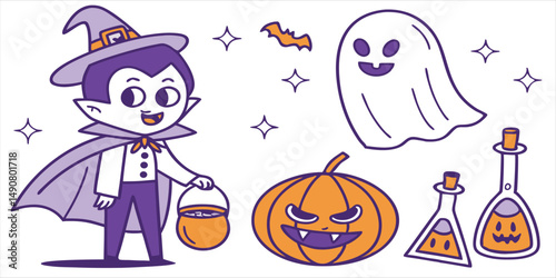 Cute halloween vector elements collection featuring vampire, ghost, and pumpkin