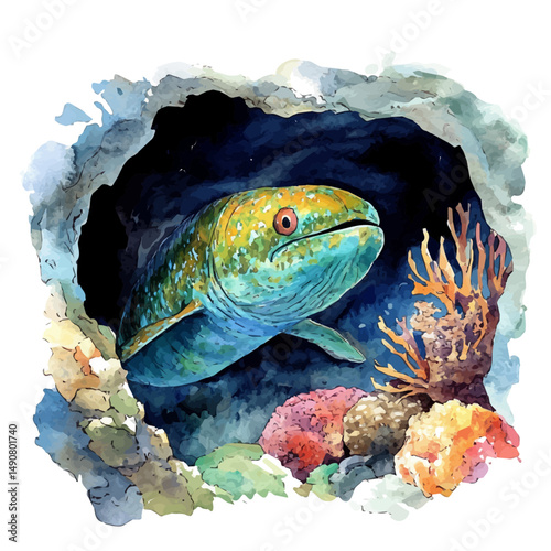 watercolor vector of Moray Eel Swimming Through A Coral Cave, high quality, isolated on a white background.