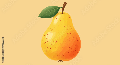 Stylized Yellow Pear with Red Speckles and Single Green Leaf Illustration