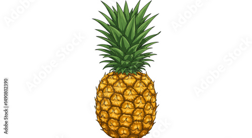 Upright pineapple with spiky green crown and textured golden rind