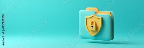 3D Secure Folder with Shield and Lock Icon on Cyan Background – Data Protection Concept with Copy Space