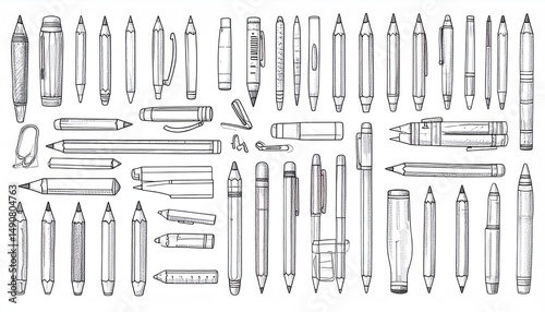 Detailed sketch featuring diverse collection of stationery implements artistic expression photo