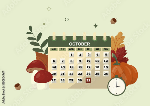 Autumn October Calendar with Pumpkins and Clock. October calendar with fall foliage, mushrooms, and pumpkins, highlighting October 31st and seasonal time awareness. Halloween event calendar. Vector