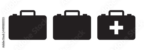 Set with first aid kit icon in linear style on white background. Simple First-aid kit icon, medical symbol. Editable stroke. Health care. Cross symbol. First aid box icon set in black eps 10