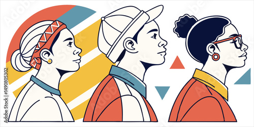  Diverse group of young people vector portrait illustration with colorful geometric background
