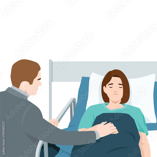 Concerned man comforts a sick woman resting in a hospital bed, Support during her recovery. Flat vector illustration isolated on white background