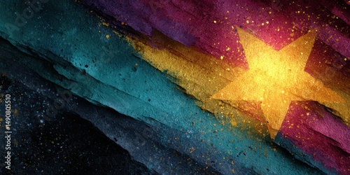 Rough texture flag in green, yellow and red with radiant golden star symbolizing liberation and hope perfect for Juneteenth celebration, pan-African heritage and freedom themes photo