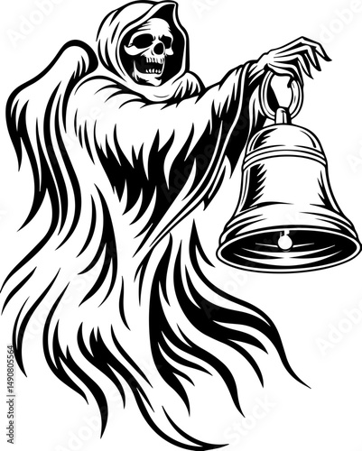 A skull tattoo design featuring sea ghosts in a haunting nautical theme. Grim Reaper Holding Bell in Black Ink Style for Halloween Theme