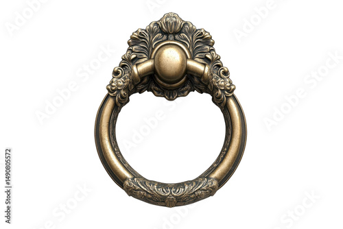 A regal bronze door knocker evoking an era of opulence and untold secrets behind a darkened on transparent background