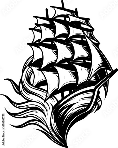 A skull tattoo design featuring sea ghosts in a haunting nautical theme. Traditional Sailing Ship with Billowing Sails and Ocean Waves