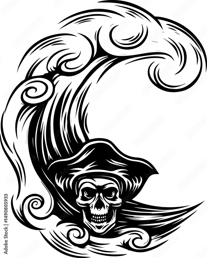 Fototapeta premium A skull tattoo design featuring sea ghosts in a haunting nautical theme. Pirate Skull in a Wave with Swirling Elements in Black and White