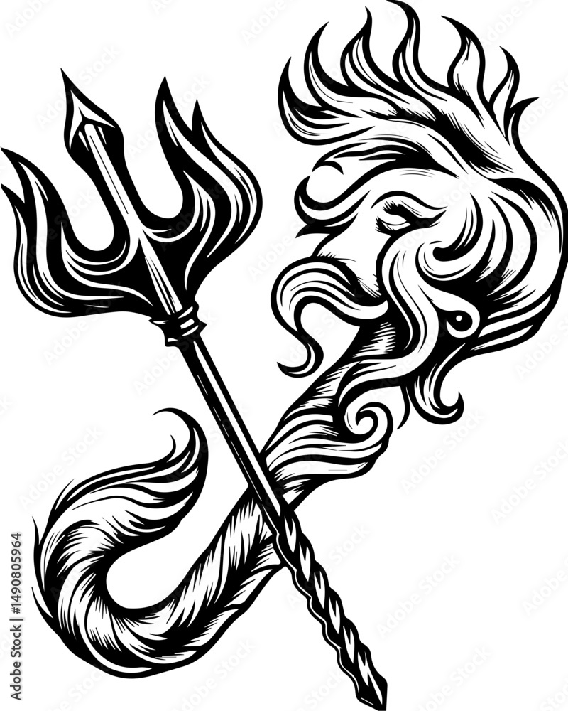 Fototapeta premium A skull tattoo design featuring sea ghosts in a haunting nautical theme. Elegant Sea Creature with Trident and Flowing Hair Design