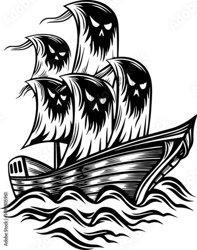A skull tattoo design featuring sea ghosts in a haunting nautical theme. Haunted Ship with Ghostly Sails in Black and White Artwork