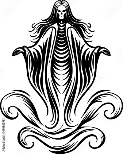 A skull tattoo design featuring sea ghosts in a haunting nautical theme. Mysterious Ethereal Figure with Flowing Hair and Draped Robes