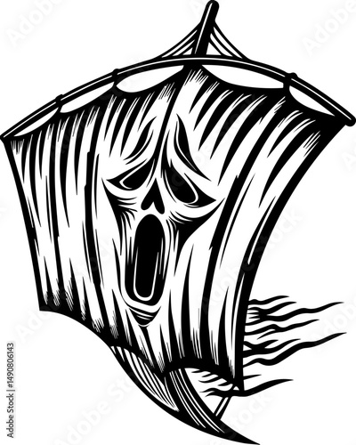 A skull tattoo design featuring sea ghosts in a haunting nautical theme. Haunted Ship Sail with Skull Design and Ghostly Features