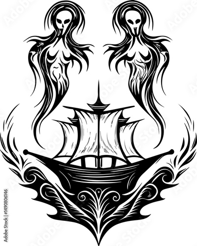 A skull tattoo design featuring sea ghosts in a haunting nautical theme. Eerie Ghosts with Ship Design in Unique Black and White Artwork