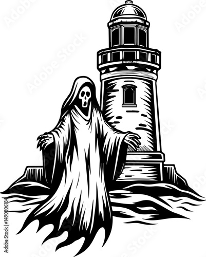 A skull tattoo design featuring sea ghosts in a haunting nautical theme. Ghostly Figure Emerging from Waves Near a Solitary Lighthouse