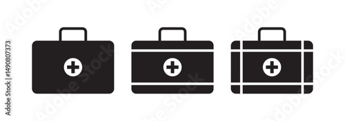 Set with first aid kit icon in linear style on white background. Simple First-aid kit icon, medical symbol. Editable stroke. Health care. Cross symbol. First aid box icon set in black eps 10
