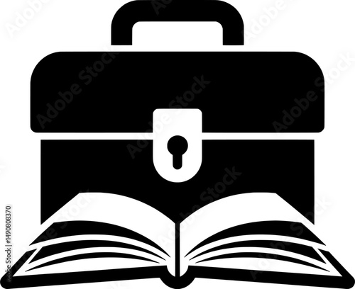 Minimalist black silhouette of locked toolbox with open notebook, symbolizing education over child labor, ideal for awareness and advocacy designs