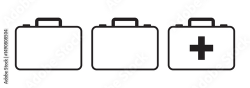 Set with first aid kit icon in linear style on white background. Simple First-aid kit icon, medical symbol. Editable stroke. Health care. Cross symbol. First aid box icon set in black eps 10