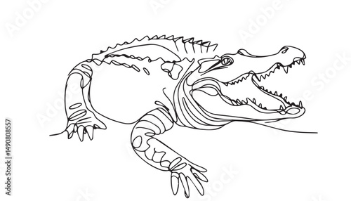 Continuous one single minimal line drawing crocodile