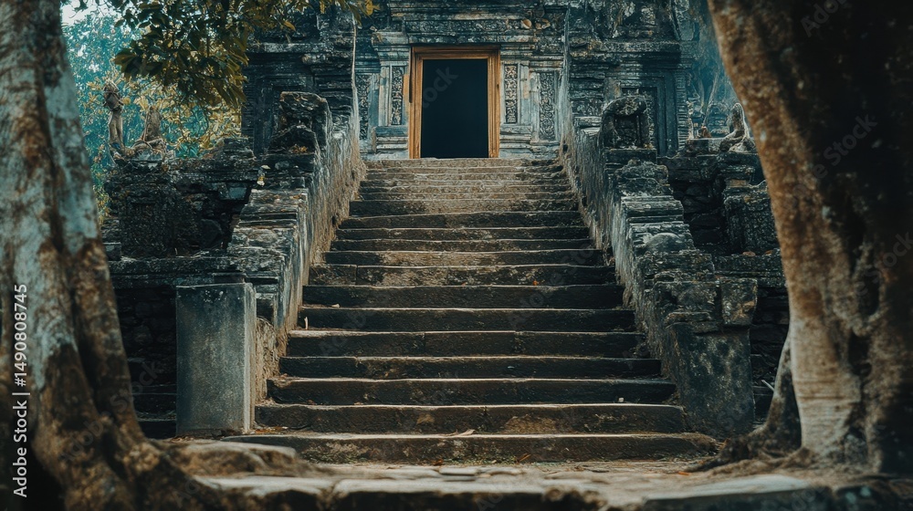 Fototapeta premium Ancient Angkor Wat Stone Temple Stairway Amidst Lush Jungle Foliage in Cambodia Reflecting Rich Cultural Heritage and Timeless Beauty
