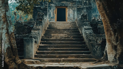 Ancient Angkor Wat Stone Temple Stairway Amidst Lush Jungle Foliage in Cambodia Reflecting Rich Cultural Heritage and Timeless Beauty