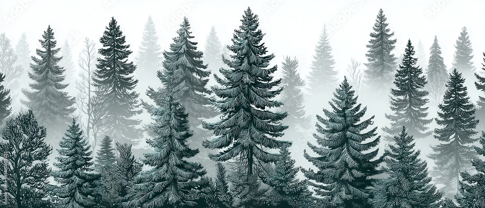 Obraz premium Seamless Spruce Forest Design, Enchanting fog-covered fir trees on a crisp white canvas, Evokes a serene woodland ambiance, Perfect for fabric or wallpaper applications