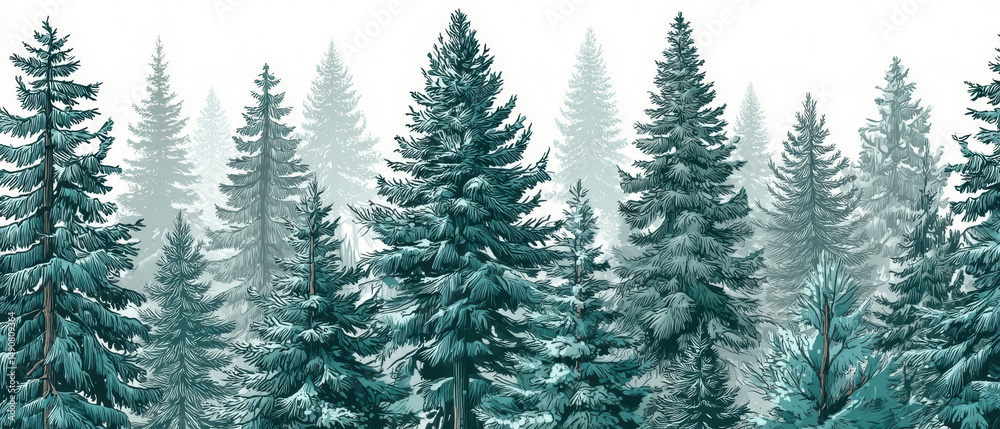 Obraz premium Seamless Spruce Forest Design, Enchanted foggy fir trees against a pure white background, Evokes a tranquil woodland ambiance, Perfect for fabric or wallpaper applications