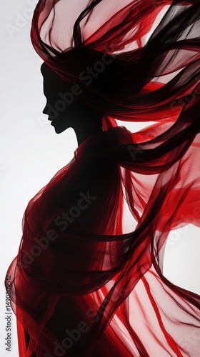 Elegant Silhouette of Woman in Flowing Red Fabric on White Background Depicting Graceful Beauty and Feminine Power