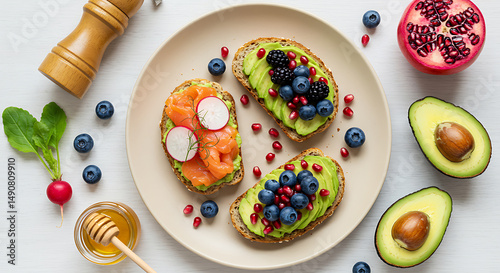 Wallpaper Mural Healthy Avocado Toast with Salmon and Berries, Flat Lay Top View Brunch Torontodigital.ca