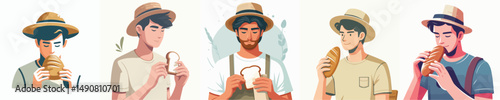 vector of a young man eating bread