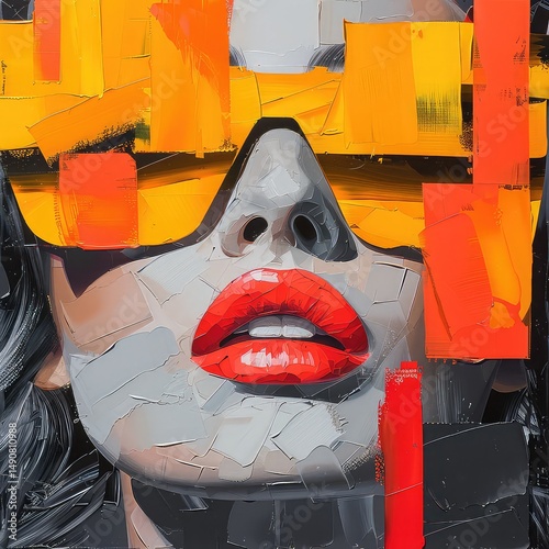 Abstract portrait of a woman with red lips and bold geometric brushstrokes