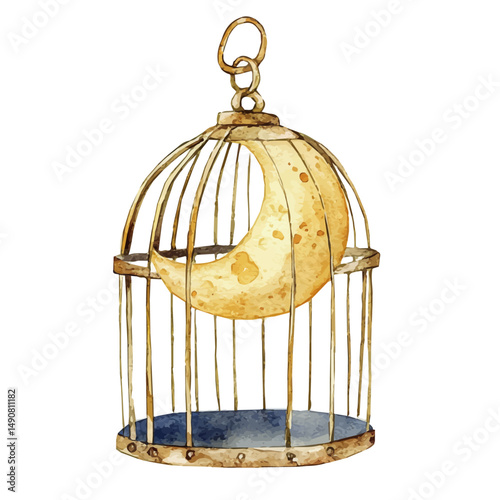 Moon Inside A Birdcage, watercolor clipart vector, high quality, isolated on a white background.