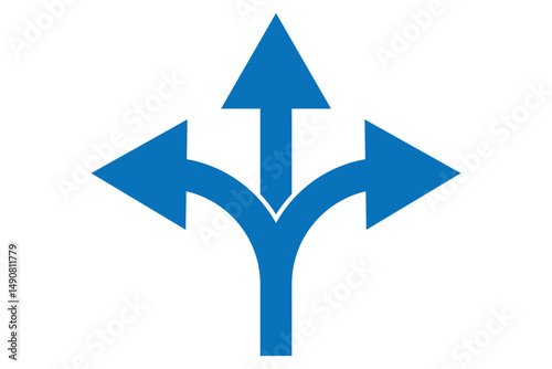 Three way direction arrow choice path decision making navigation route options diverging point concept icon. Three Roads Arrow Icon Vector Symbol Set for Decision and Directional Designs. 