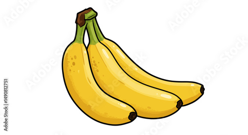 Three ripe yellow bananas with brown tips and green stems