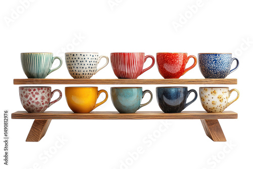 A vibrant collection of artisan mugs displayed on a rustic wooden shelf bringing warmth and on transparent background