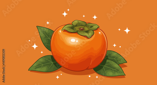 Cartoon Persimmon with Green Leaves and Sparkling Stars a Vibrant Still Life