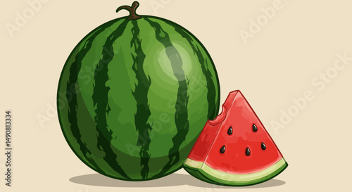 Cartoon Watermelon and a Slice with a Bite Mark Seeds Visible