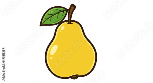 Cartoonstyle yellow pear with a green leaf and a brown stem
