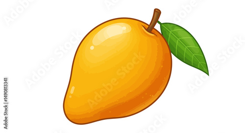 Cartoonstyle mango with a single green leaf attached to the stem