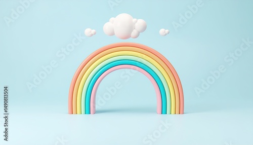 a vibrant, colorful rainbow and fluffy clouds against a light blue sky. It evokes feelings of joy, optimism, and the promise of good things