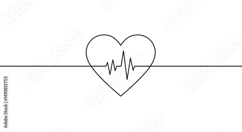Minimalist Heartbeat Line Art Black Heart Outline with Central Pulse Trace