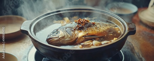 chinese braised fish stew with spicy chili broth and fresh coriander in traditional black pot